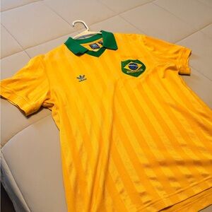 Vintage Adidas Brazil Men's Vibrant Yellow and Green Soccer Jersey